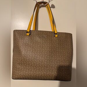 GUESS Brown Monogram Tote with Yellow Handles